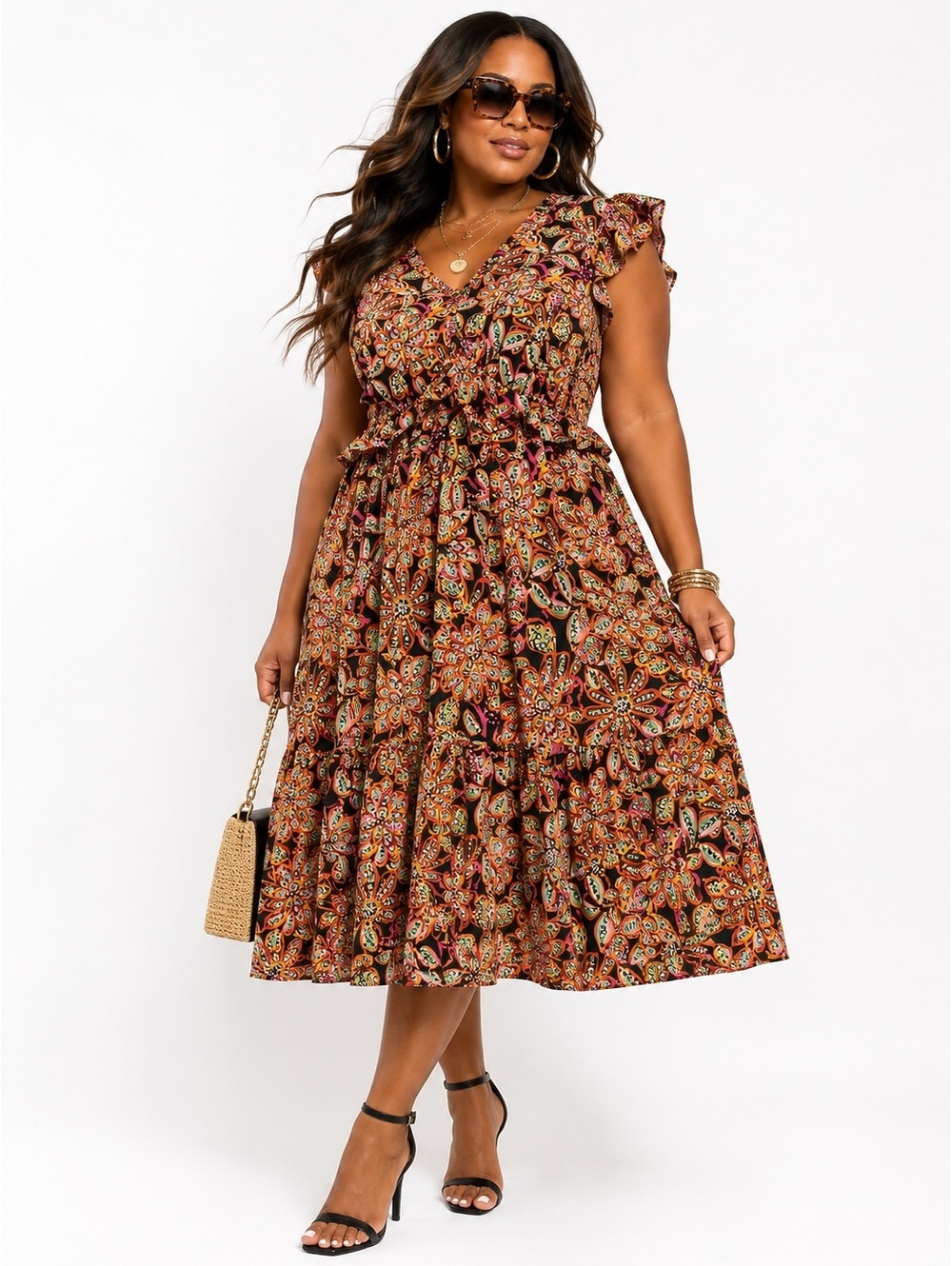 J Crew Pink and Black Floral Flutter Sleeve Tiered Pocketed Midi Dress-Size 14